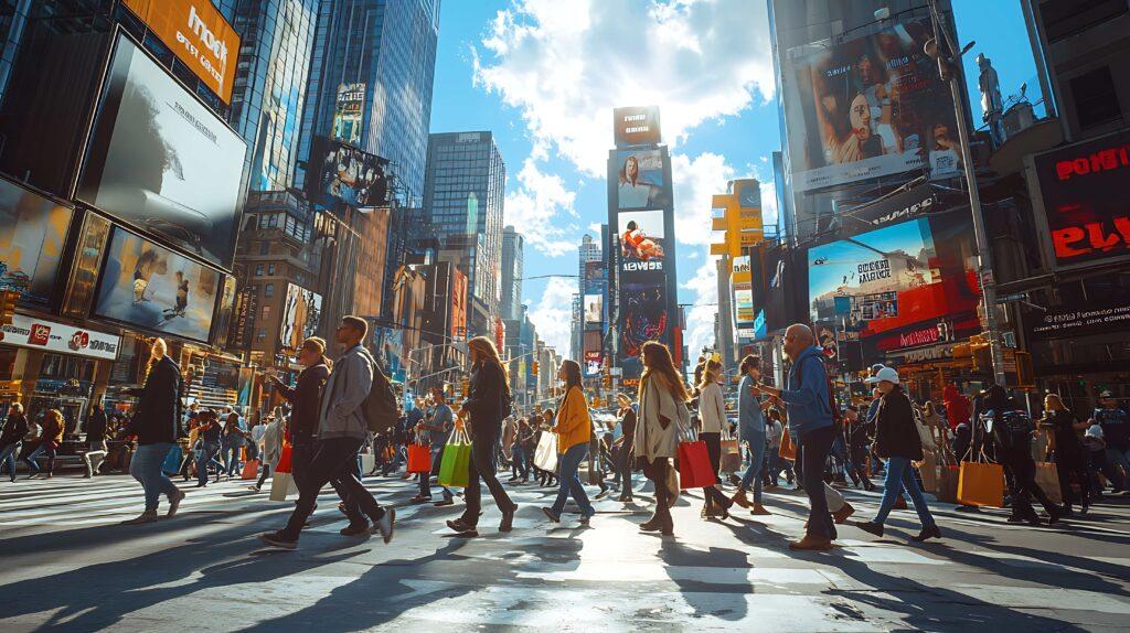 A busy city street with many people walking and carrying shopping bags